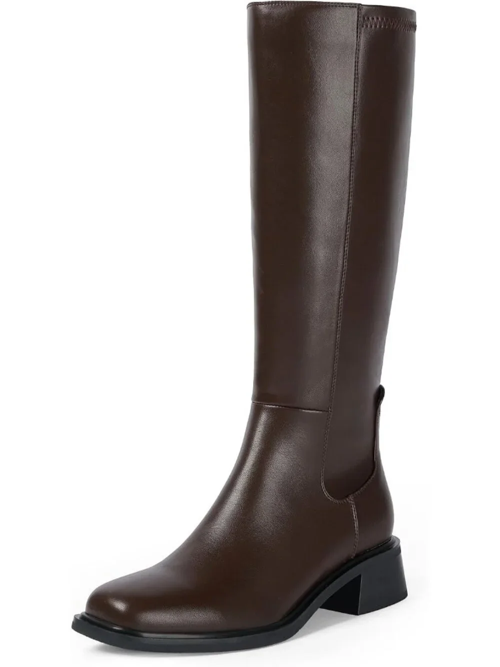 Women's Chocolate Faux Leather Square Toe Knee High With Side Zipper Boots